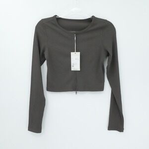 Halara‎ Top Womens Medium Gray Ribbed Long Sleeve 2 Way Zip Cropped Round Neck
